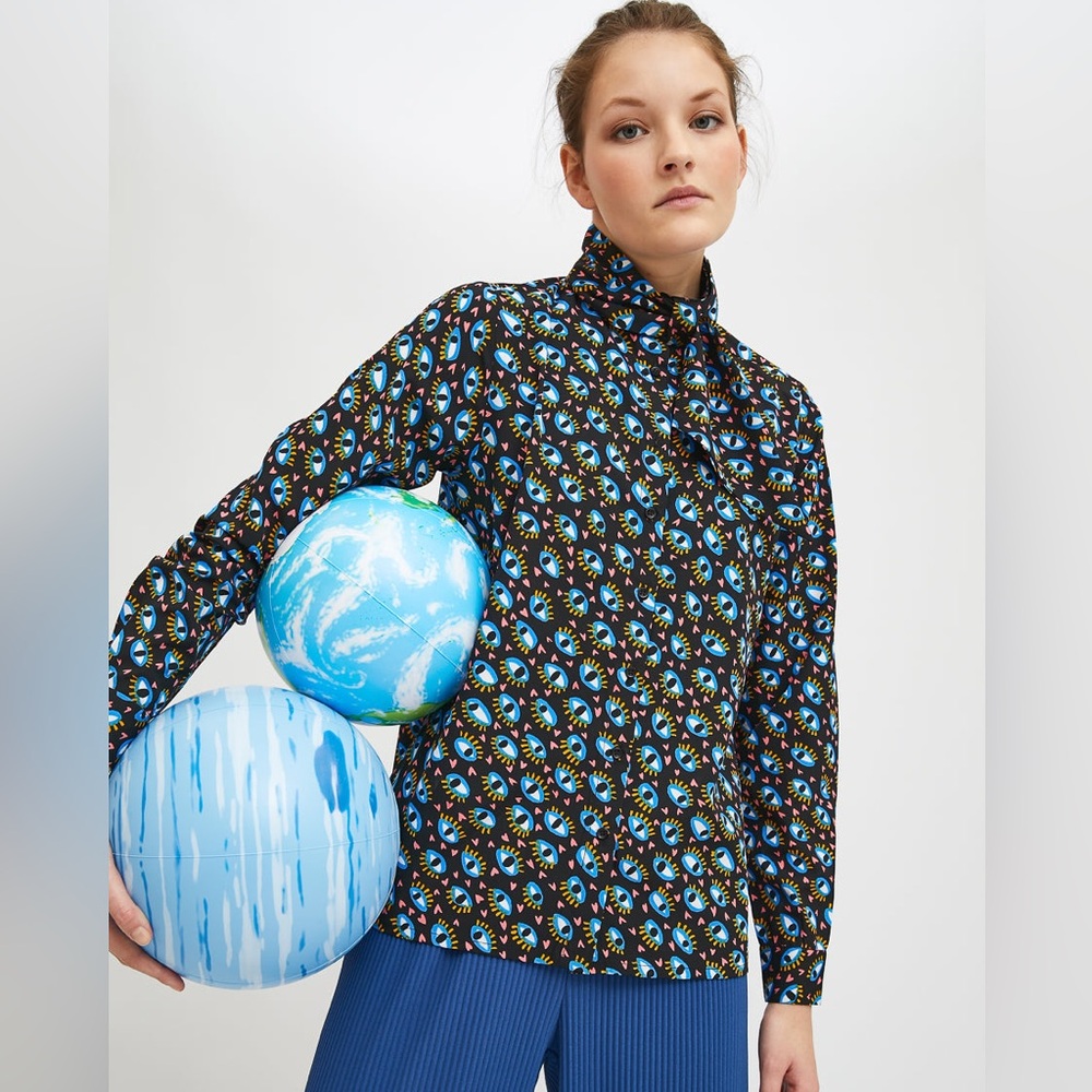 NWT Compañía Fansastica Evil Eye Print Button Down Shirt Tie Neck 🧿 Artsy Whimsy